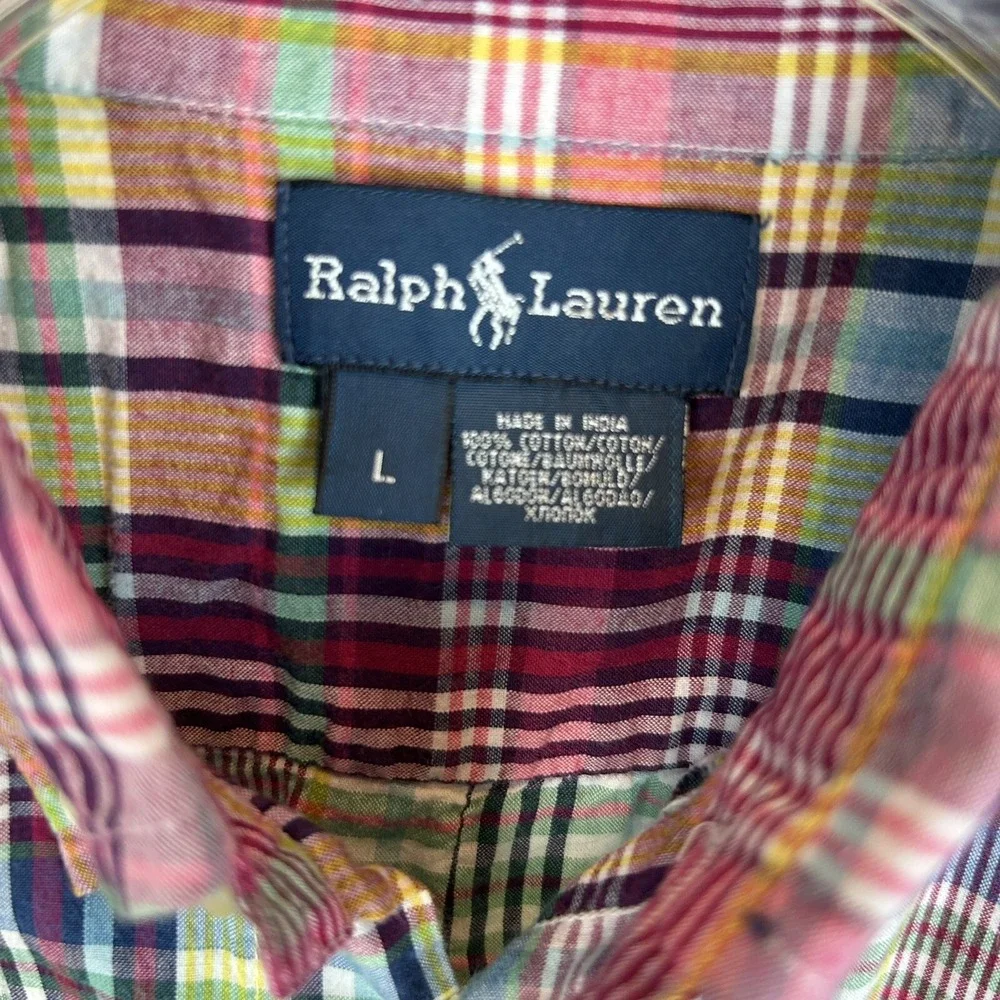 Ralph Lauren Shirt Boys L Madras Plaid Button Down Preppy Cotton Shirt Sleeve